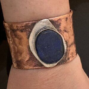 Sterling Silver Lapis Lazuli Copper Cuff Bracelet Brutalist 925 Artisan Rustic